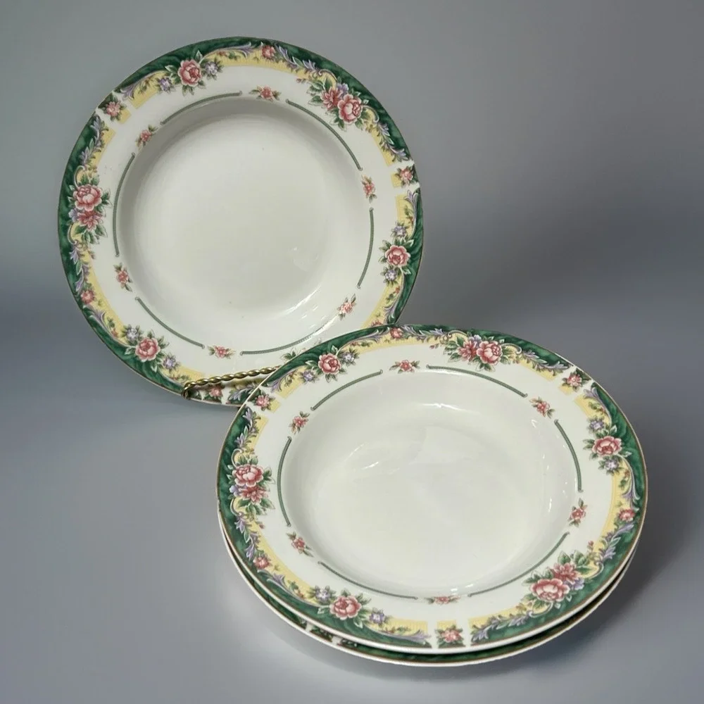 Excel Legend 435 Fine China Soup Bowls Floral Pink Rose Green Rim Set of 3